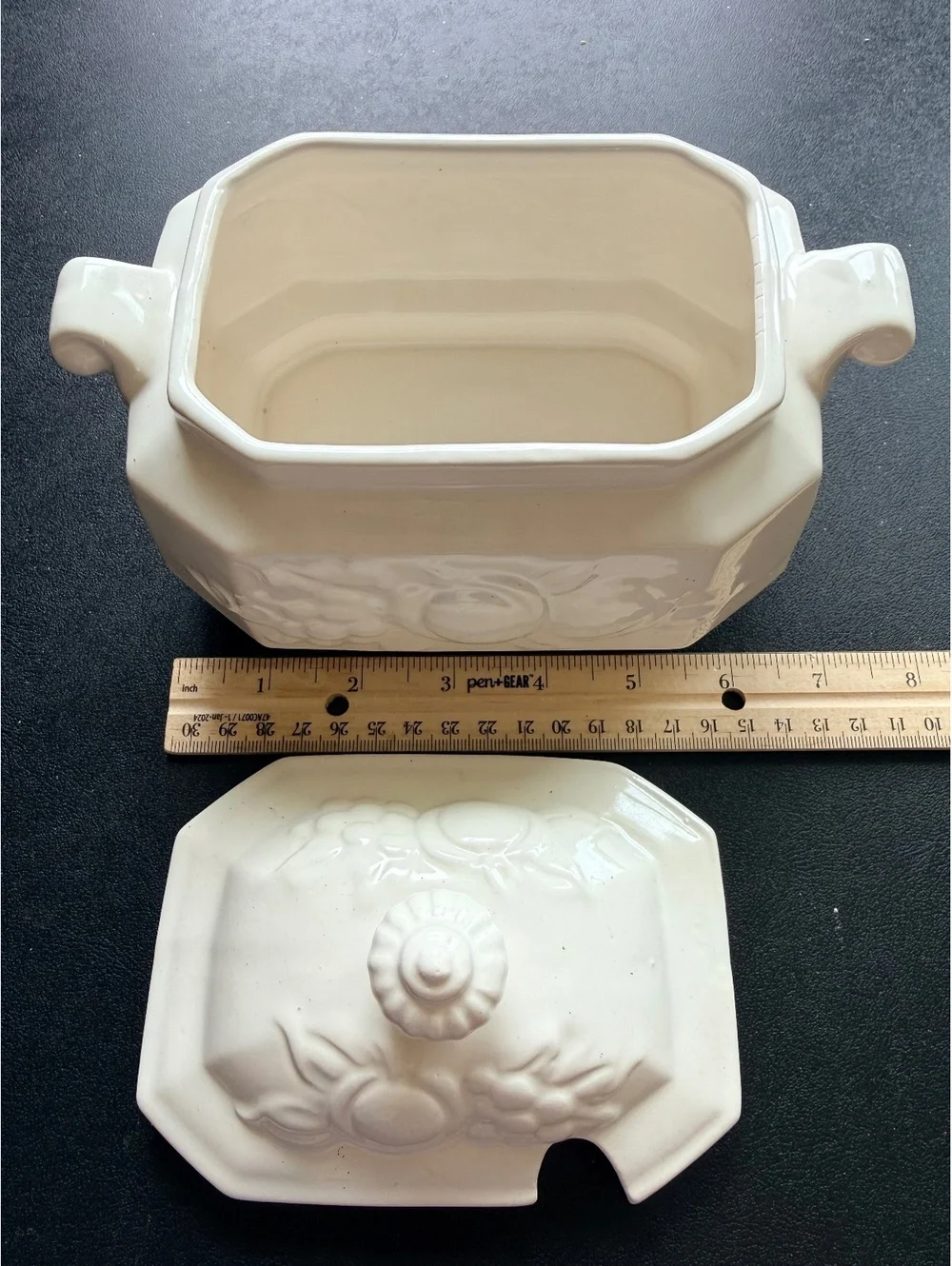 Vintage Japan White Ceramic Soup Tureen Embossed Fruit Covered Serving Bowl